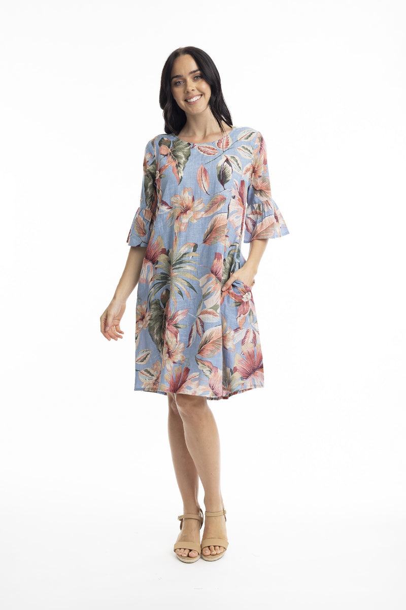 ORIENTIQUE LUZON FRILL SLEEVE CONTEMPORARY PRINT DRESS [Sz:8]