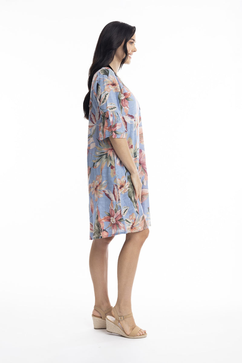 ORIENTIQUE LUZON FRILL SLEEVE CONTEMPORARY PRINT DRESS [Sz:8]