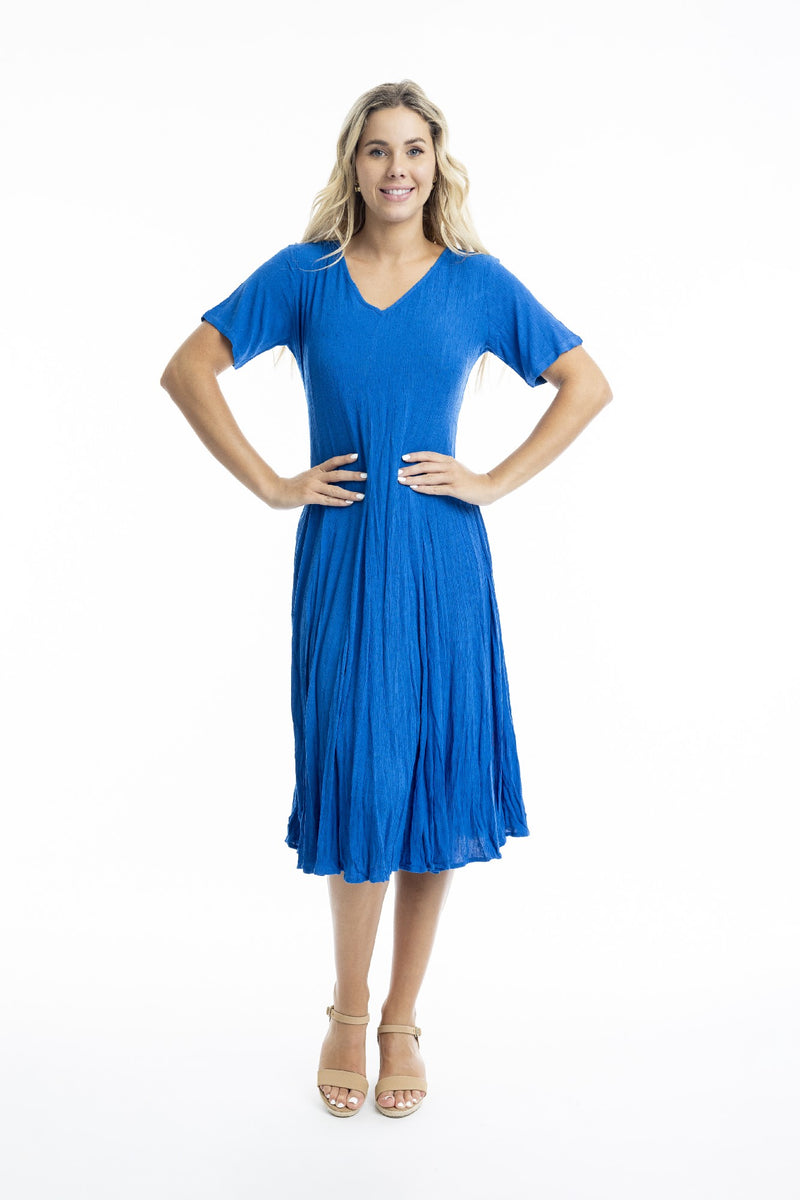 ORIENTIQUE DOBBY SHORT SLEEVE GODET DRESS ELECTRIC BLUE [Sz:8]