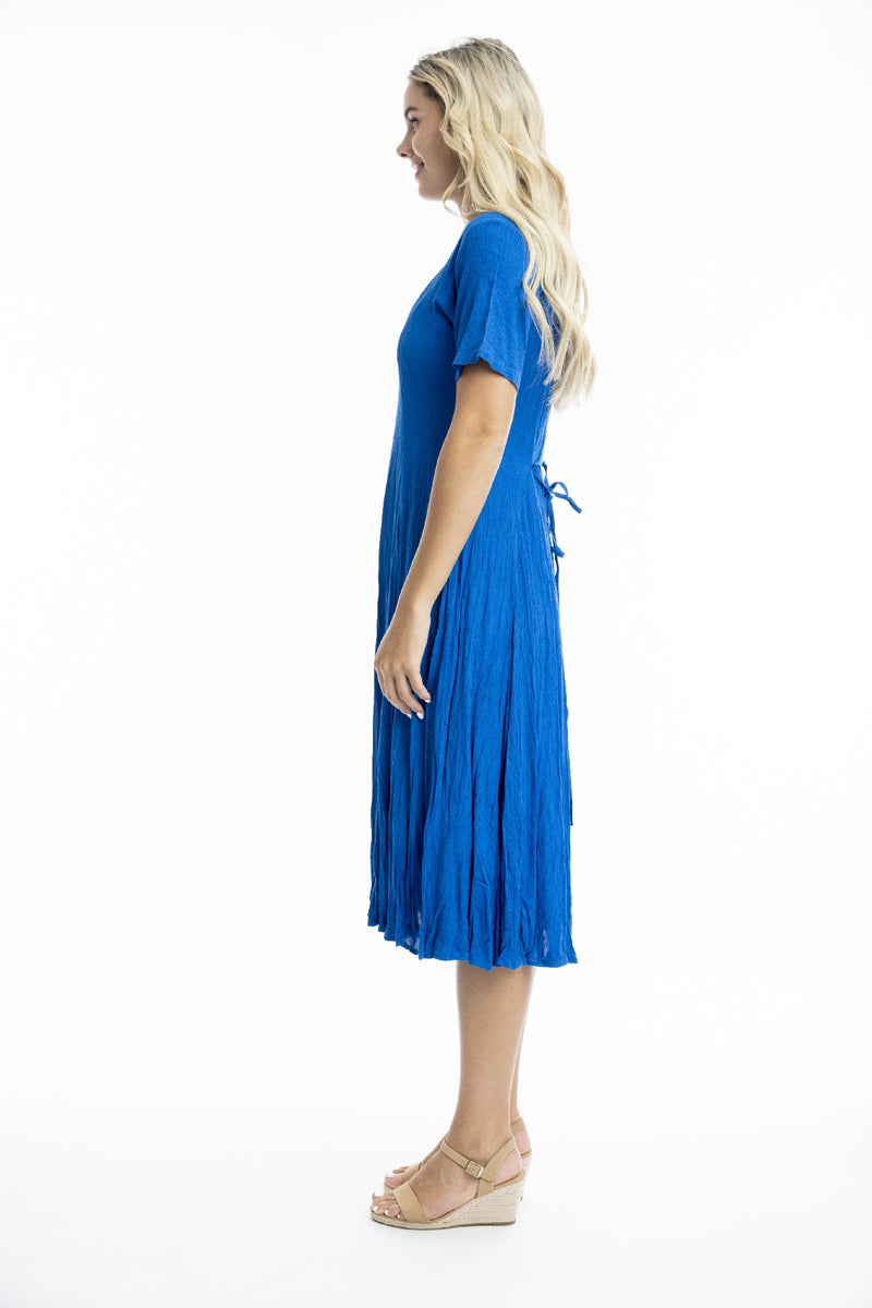 ORIENTIQUE DOBBY SHORT SLEEVE GODET DRESS ELECTRIC BLUE [Sz:8]