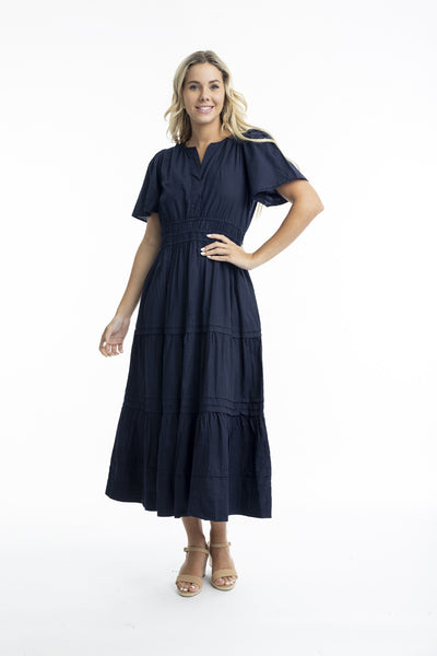 ORIENTIQUE RUCHED WAIST POPLIN MAXI DRESS NAVY [Sz:10]