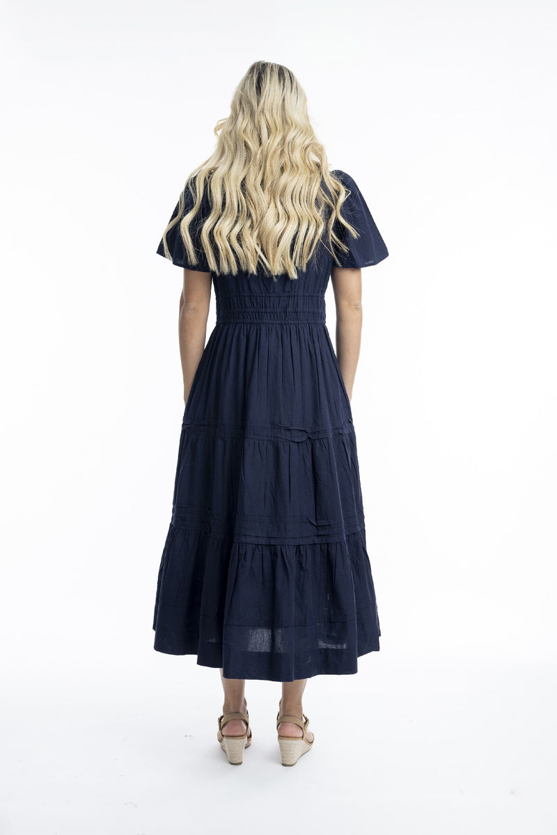 ORIENTIQUE RUCHED WAIST POPLIN MAXI DRESS NAVY [Sz:10]