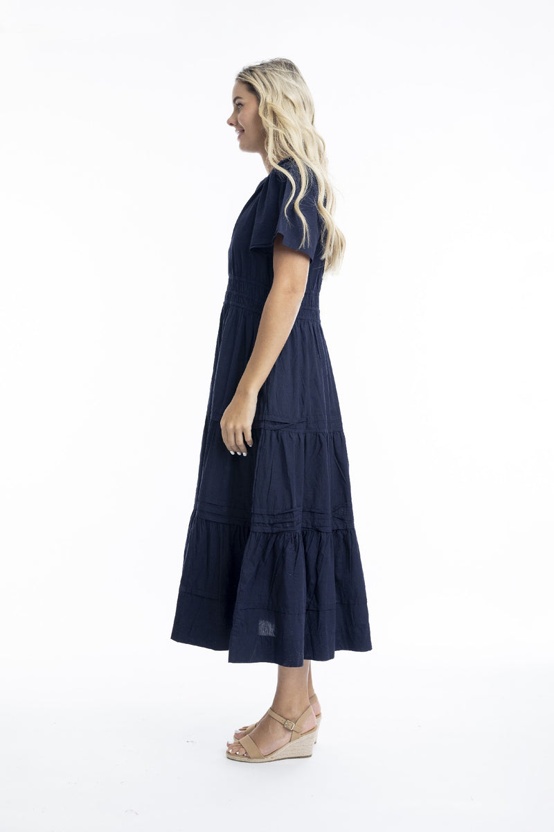 ORIENTIQUE RUCHED WAIST POPLIN MAXI DRESS NAVY [Sz:10]