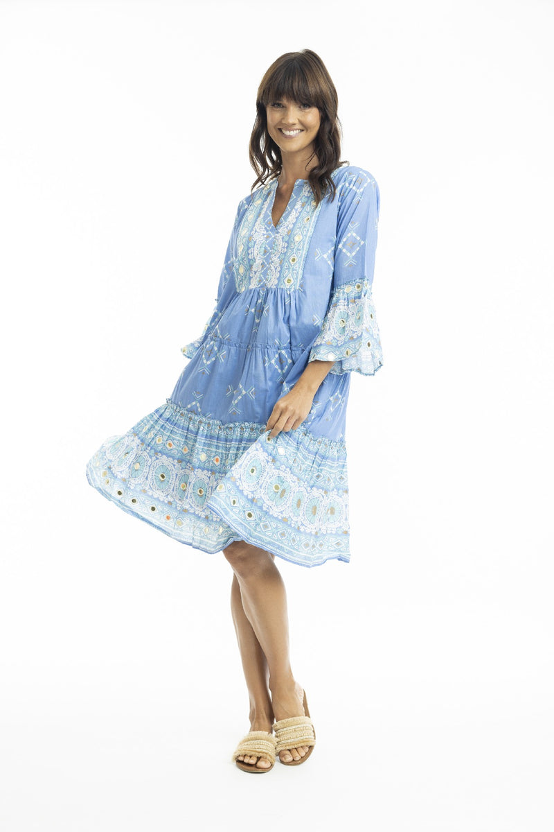 ESCAPE BY OQ HEIDI FRILL SLEEVE LAYERS DRESS BLUE [Sz:10]