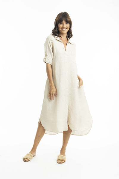 ESCAPE BY OQ MIDI COLLAR LINEN SHIRT DRESS SAND [Sz:10]