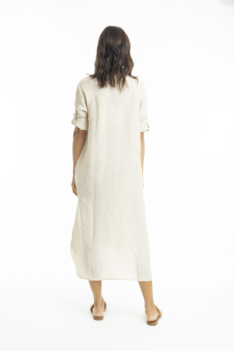 ESCAPE BY OQ MIDI COLLAR LINEN SHIRT DRESS SAND [Sz:10]