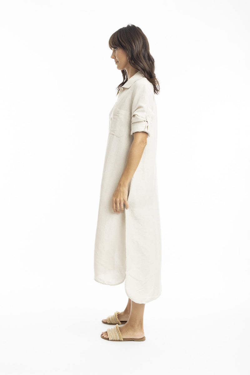 ESCAPE BY OQ MIDI COLLAR LINEN SHIRT DRESS SAND [Sz:10]