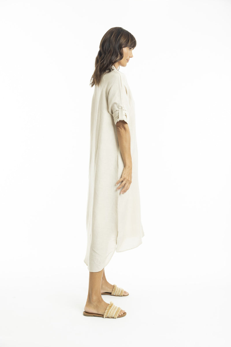 ESCAPE BY OQ MIDI COLLAR LINEN SHIRT DRESS SAND [Sz:10]