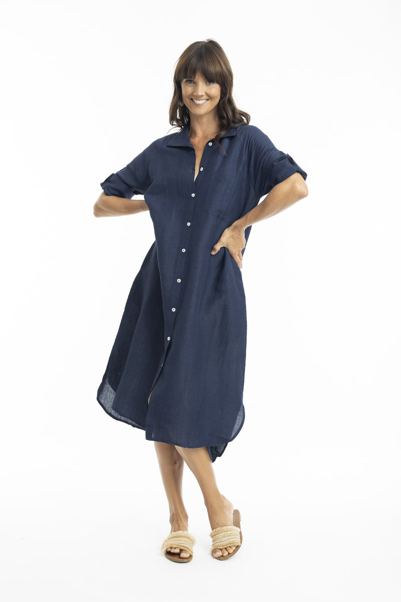 ESCAPE BY OQ MIDI COLLAR LINEN SHIRT DRESS NAVY [Sz:10]