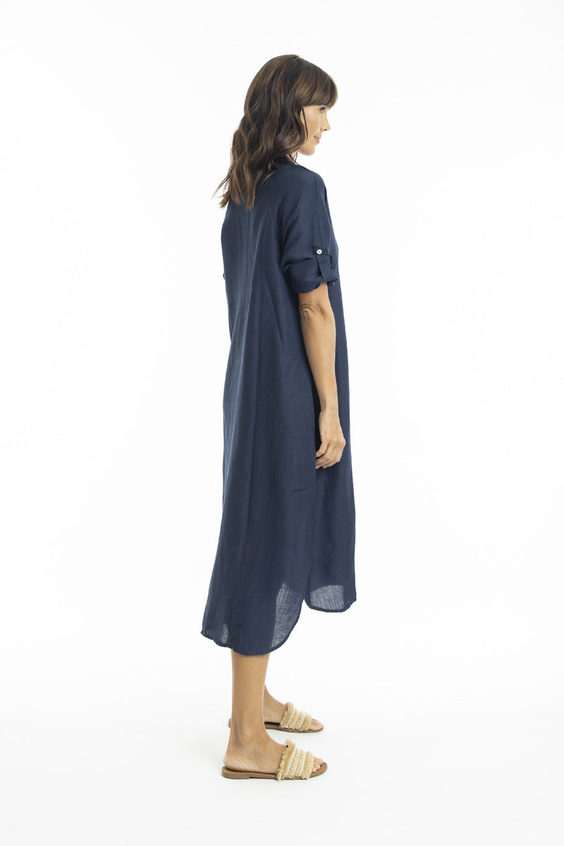 ESCAPE BY OQ MIDI COLLAR LINEN SHIRT DRESS NAVY [Sz:10]