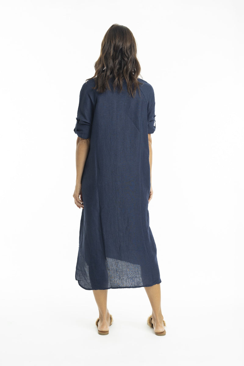 ESCAPE BY OQ MIDI COLLAR LINEN SHIRT DRESS NAVY [Sz:10]