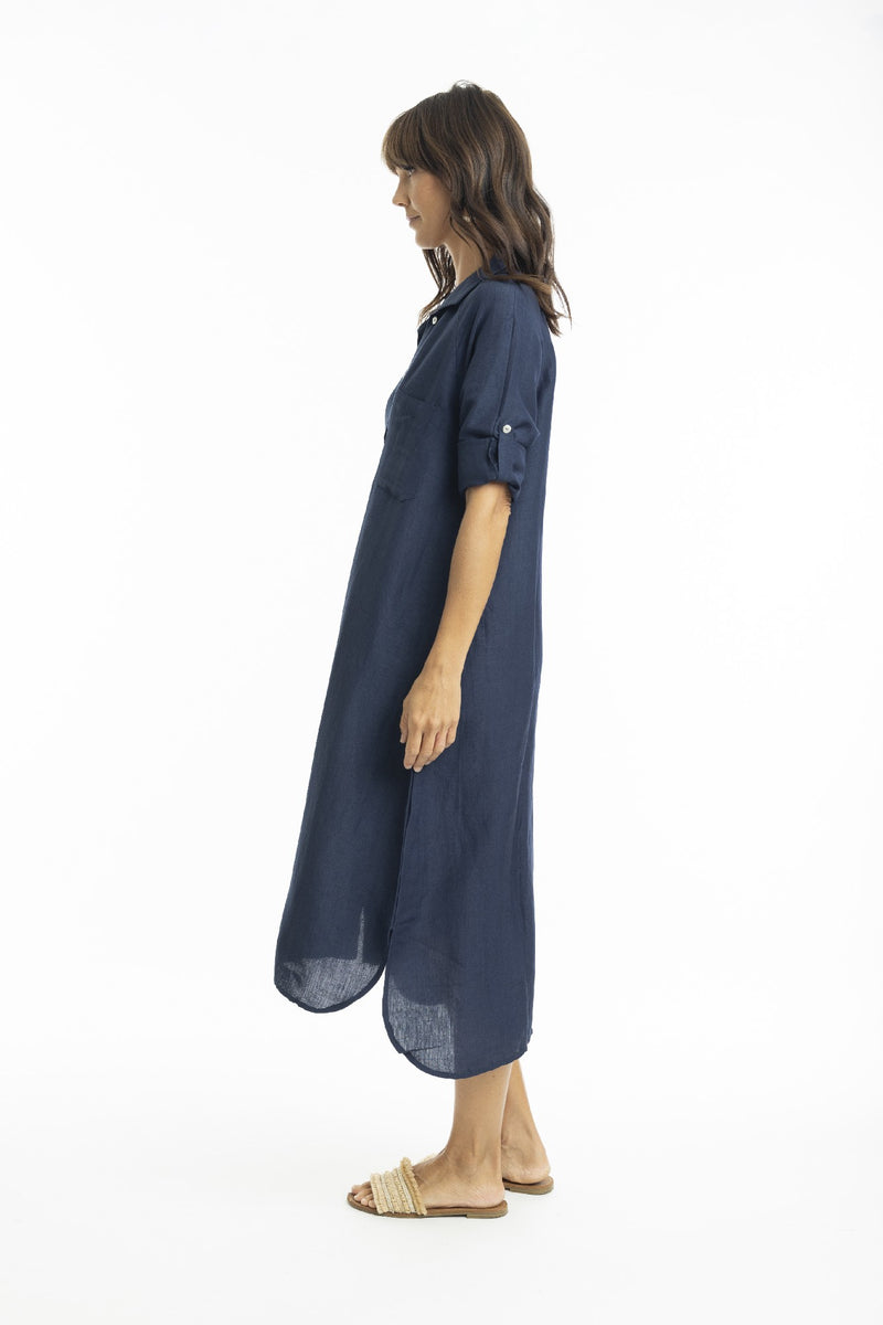 ESCAPE BY OQ MIDI COLLAR LINEN SHIRT DRESS NAVY [Sz:10]