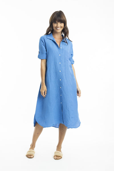 ESCAPE BY OQ MIDI COLLAR LINEN SHIRT DRESS BLUE [Sz:12]