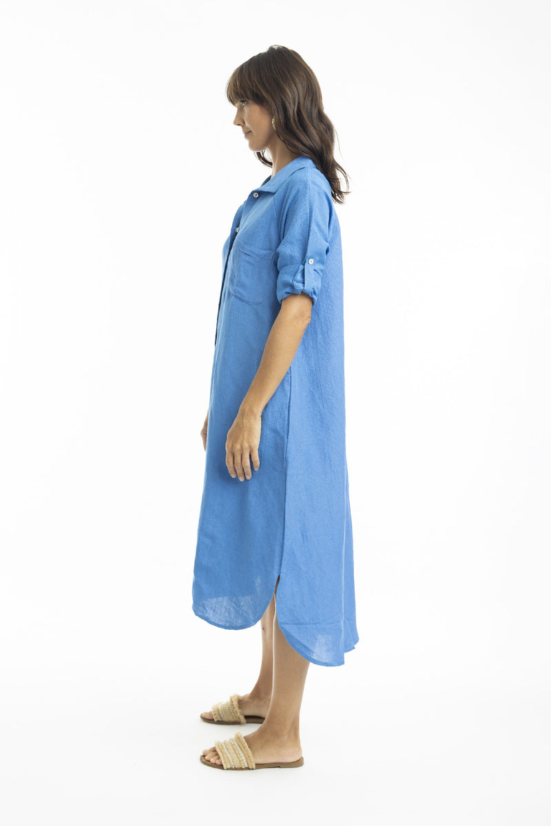 ESCAPE BY OQ MIDI COLLAR LINEN SHIRT DRESS BLUE [Sz:12]