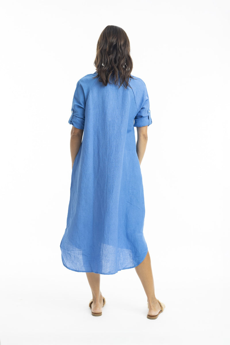 ESCAPE BY OQ MIDI COLLAR LINEN SHIRT DRESS BLUE [Sz:12]