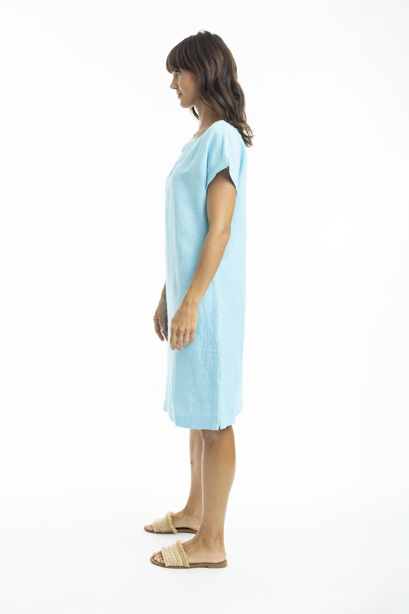 ESCAPE BY OQ CAP SLEEVE LINEN SHIFT DRESS SKY [Sz:10]