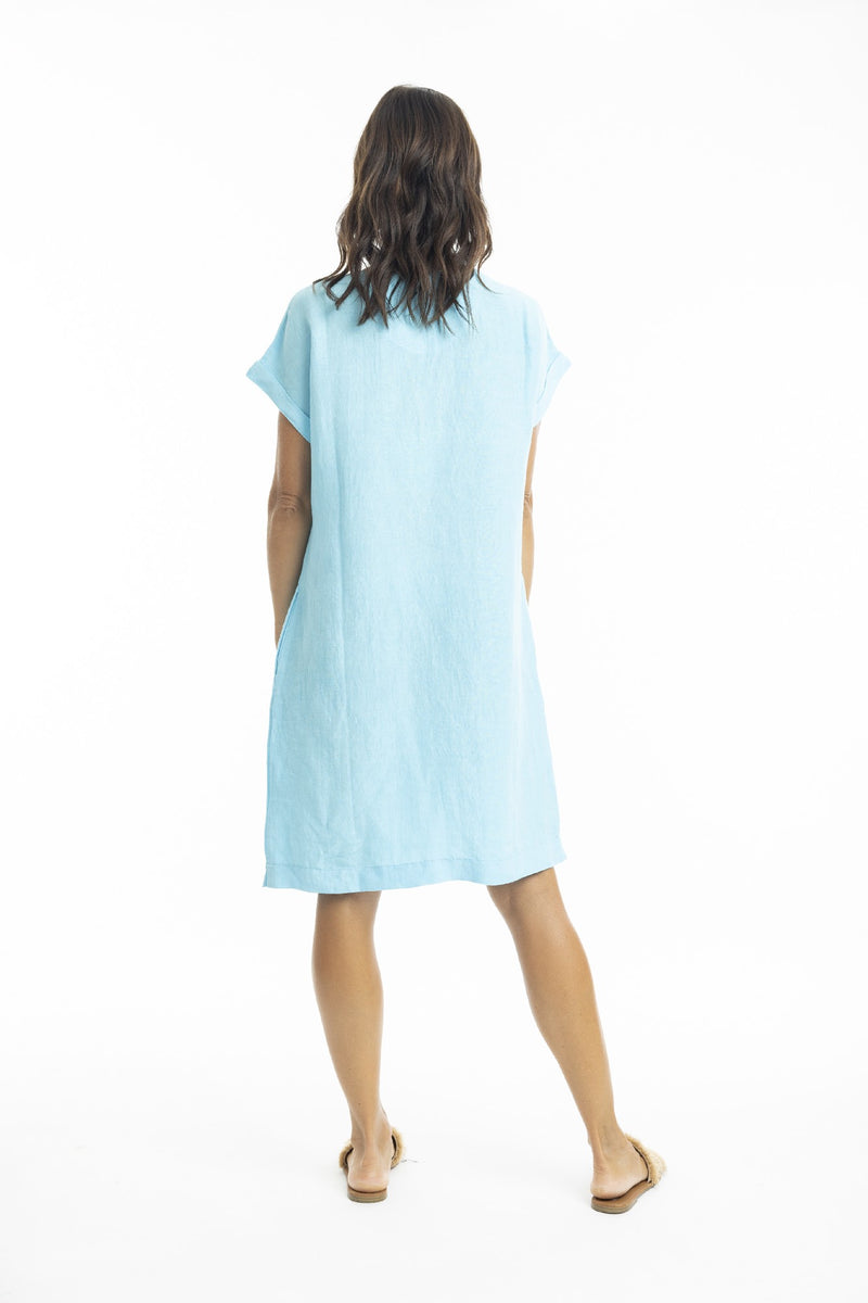 ESCAPE BY OQ CAP SLEEVE LINEN SHIFT DRESS SKY [Sz:10]