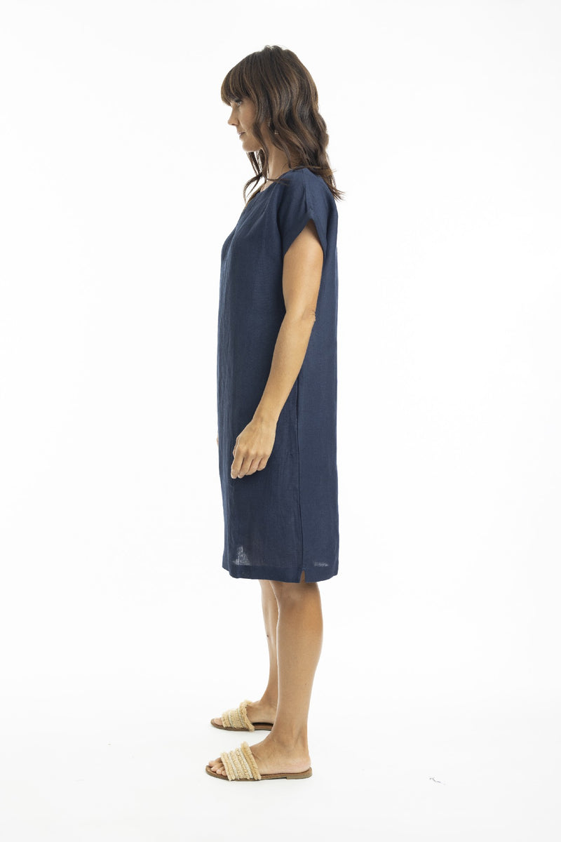 ESCAPE BY OQ CAP SLEEVE LINEN SHIFT DRESS NAVY [Sz:10]