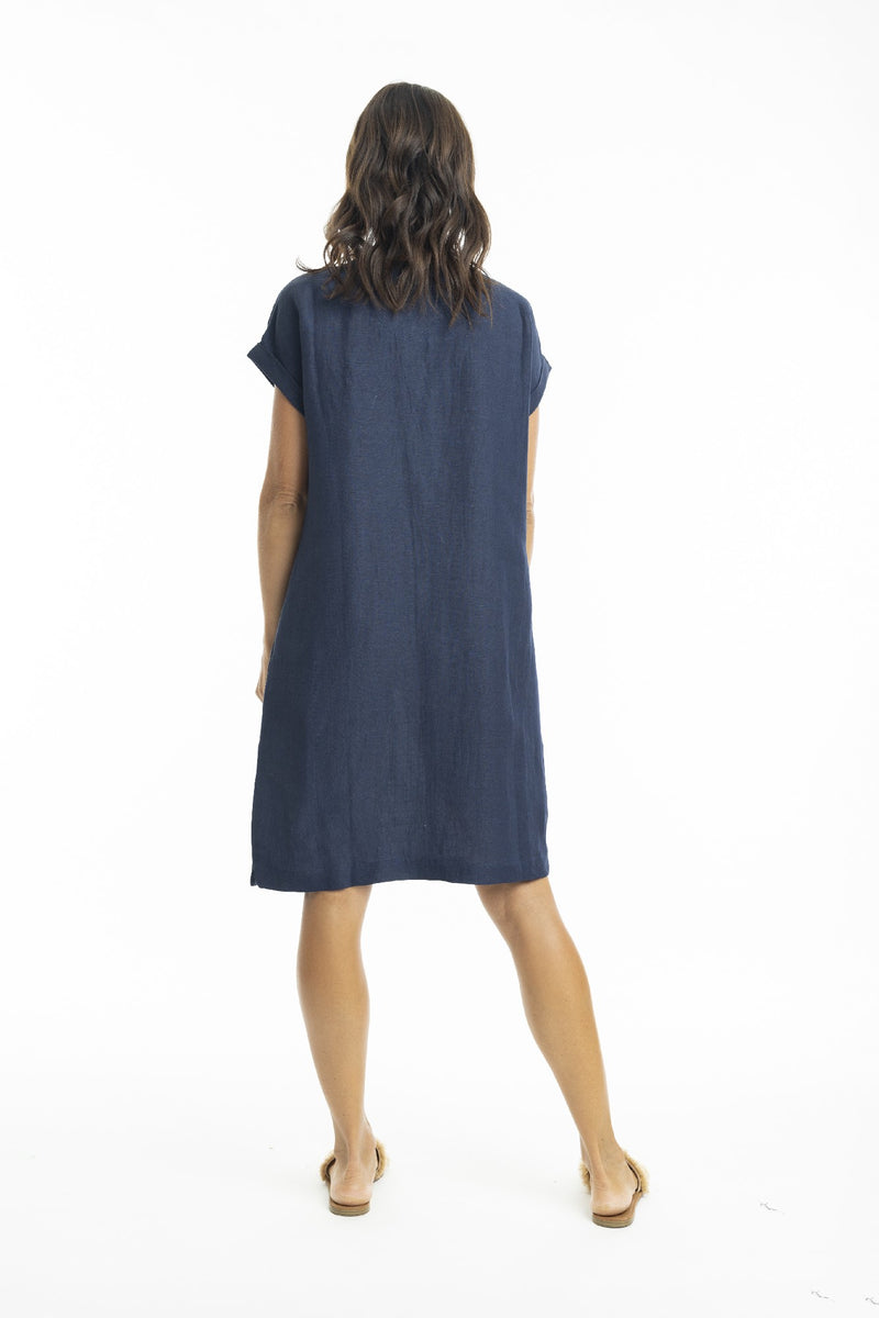 ESCAPE BY OQ CAP SLEEVE LINEN SHIFT DRESS NAVY [Sz:10]