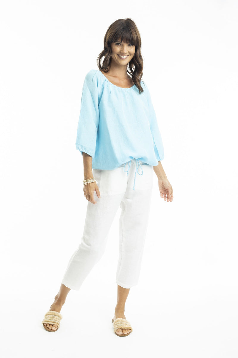 ESCAPE BY OQ GATHER NECK 3/4 SLV LINEN TOP SKY [Sz:10]