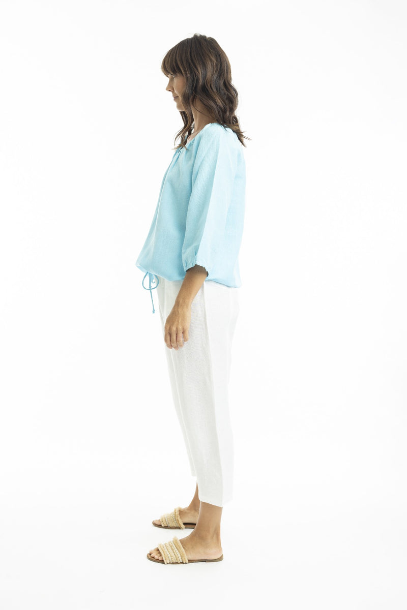 ESCAPE BY OQ GATHER NECK 3/4 SLV LINEN TOP SKY [Sz:10]