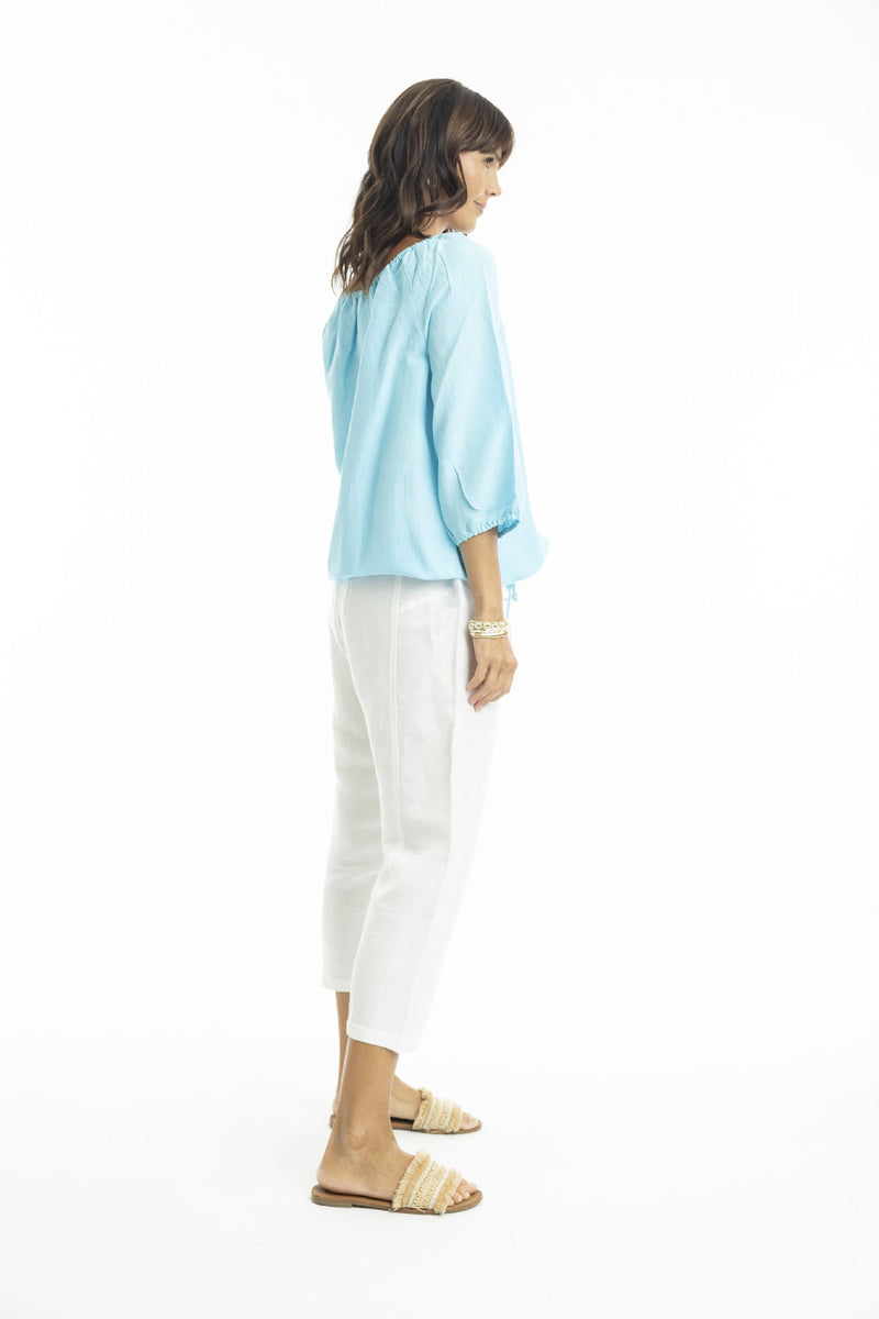 ESCAPE BY OQ GATHER NECK 3/4 SLV LINEN TOP SKY [Sz:10]